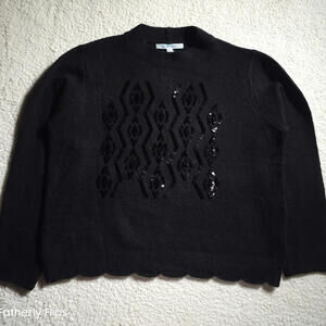 New Blue Sol Women's Crewneck Sweater 2X Black Sequin Wool Blend Scallop Hem NWT